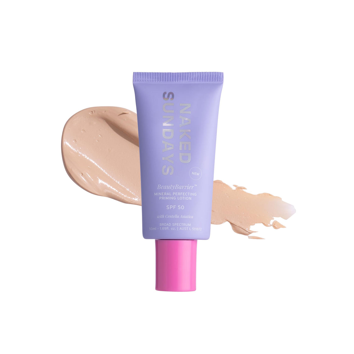 Naked Sundays front packaging showing SPF 50 and primer benefits