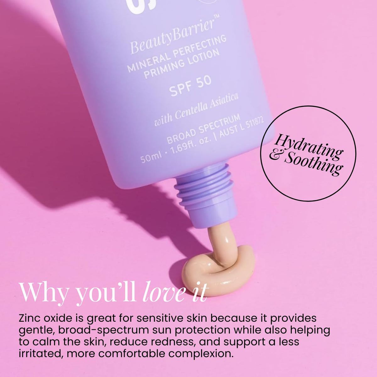 Naked Sundays label close-up highlighting zinc oxide and Centella Asiatica