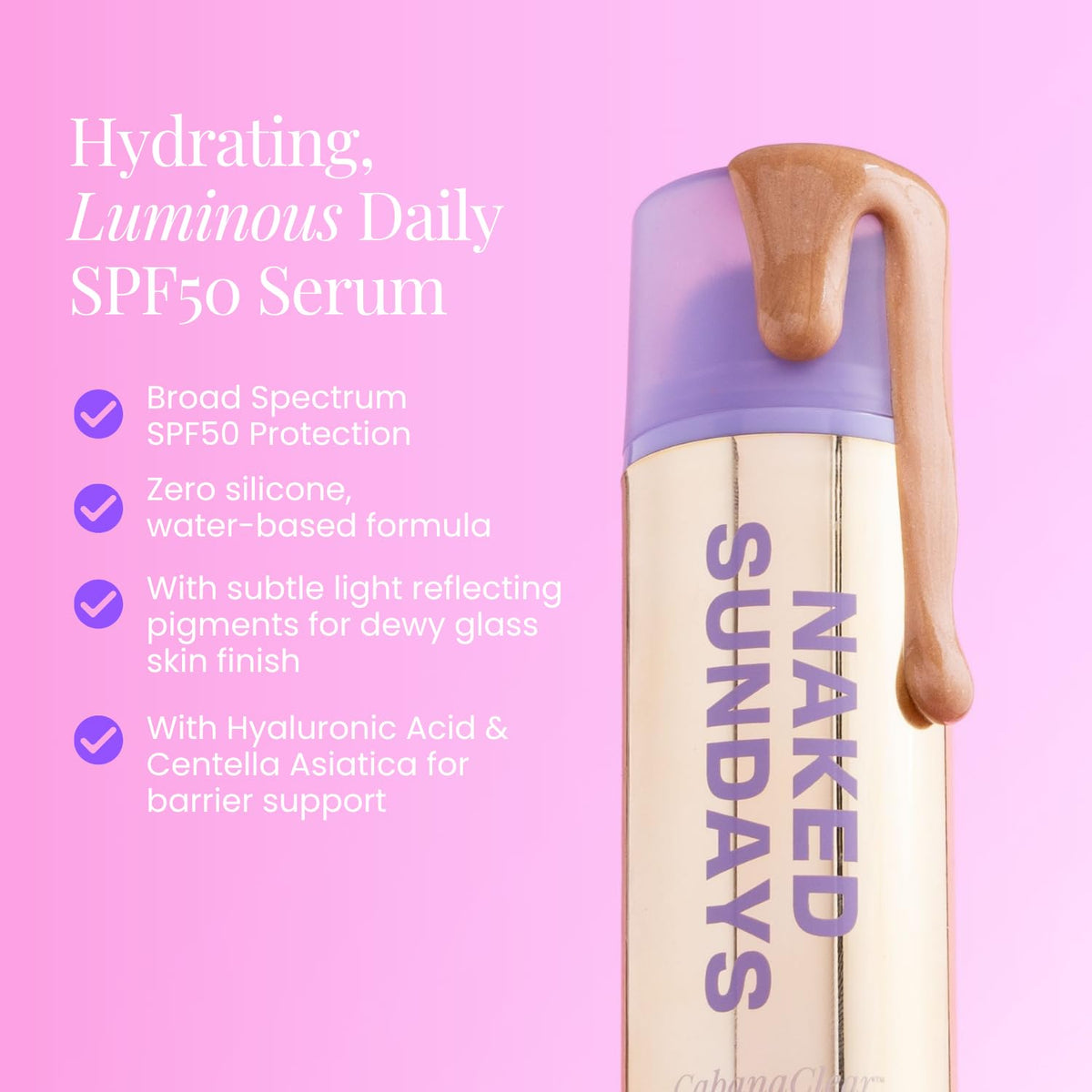 Naked Sundays pump dispensing clear serum for precise sunscreen application benefit