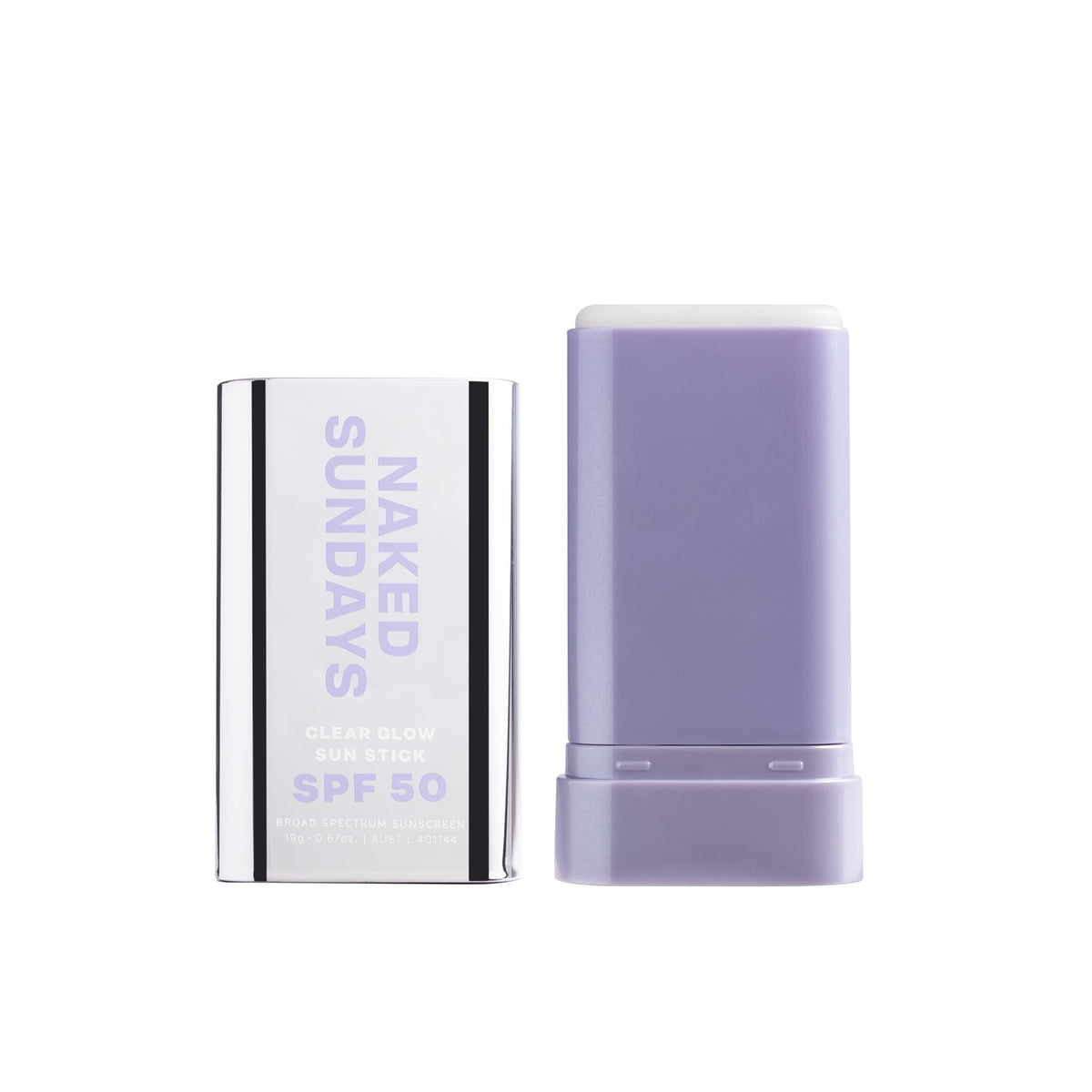 Naked Sundays front packaging of clear glow sun stick shows compact SPF 50 convenience