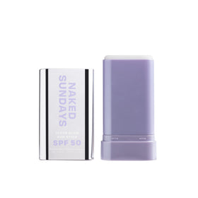 Naked Sundays front packaging of clear glow sun stick shows compact SPF 50 convenience
