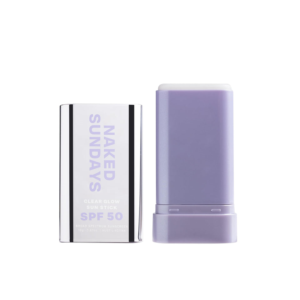 Naked Sundays front packaging of clear glow sun stick shows compact SPF 50 convenience