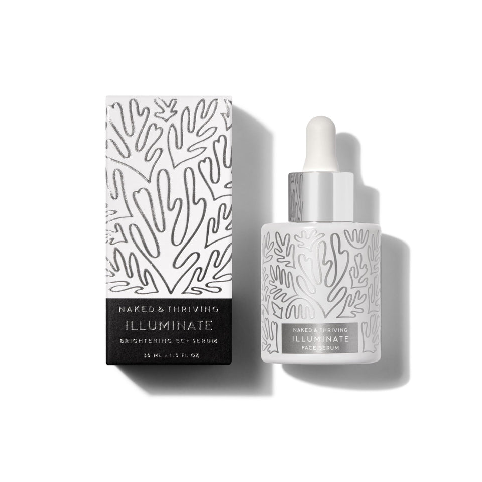Naked & Thriving front bottle showing clean packaging and brightening benefits