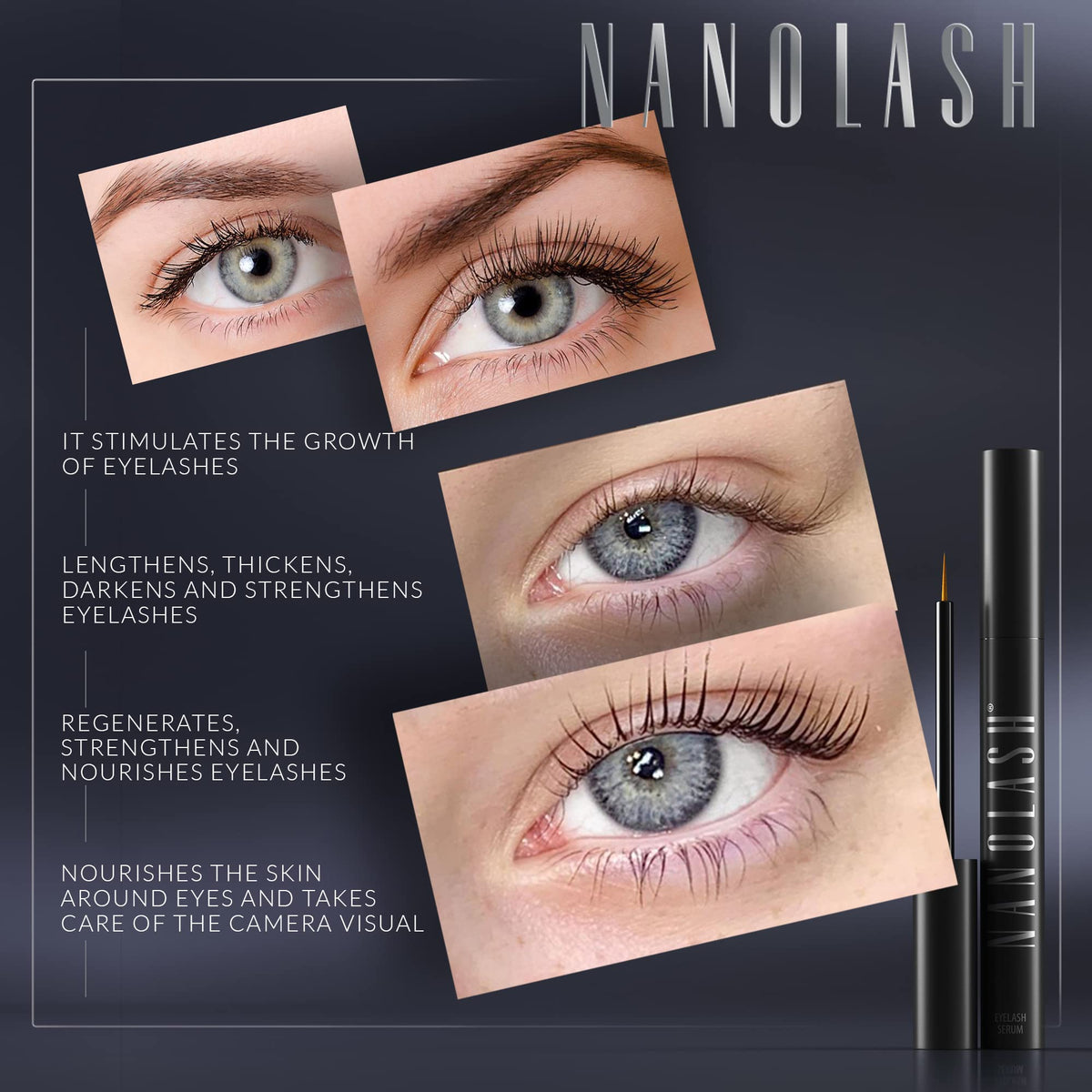 Nanolash lid and cap detail highlighting secure seal and travel-ready benefit