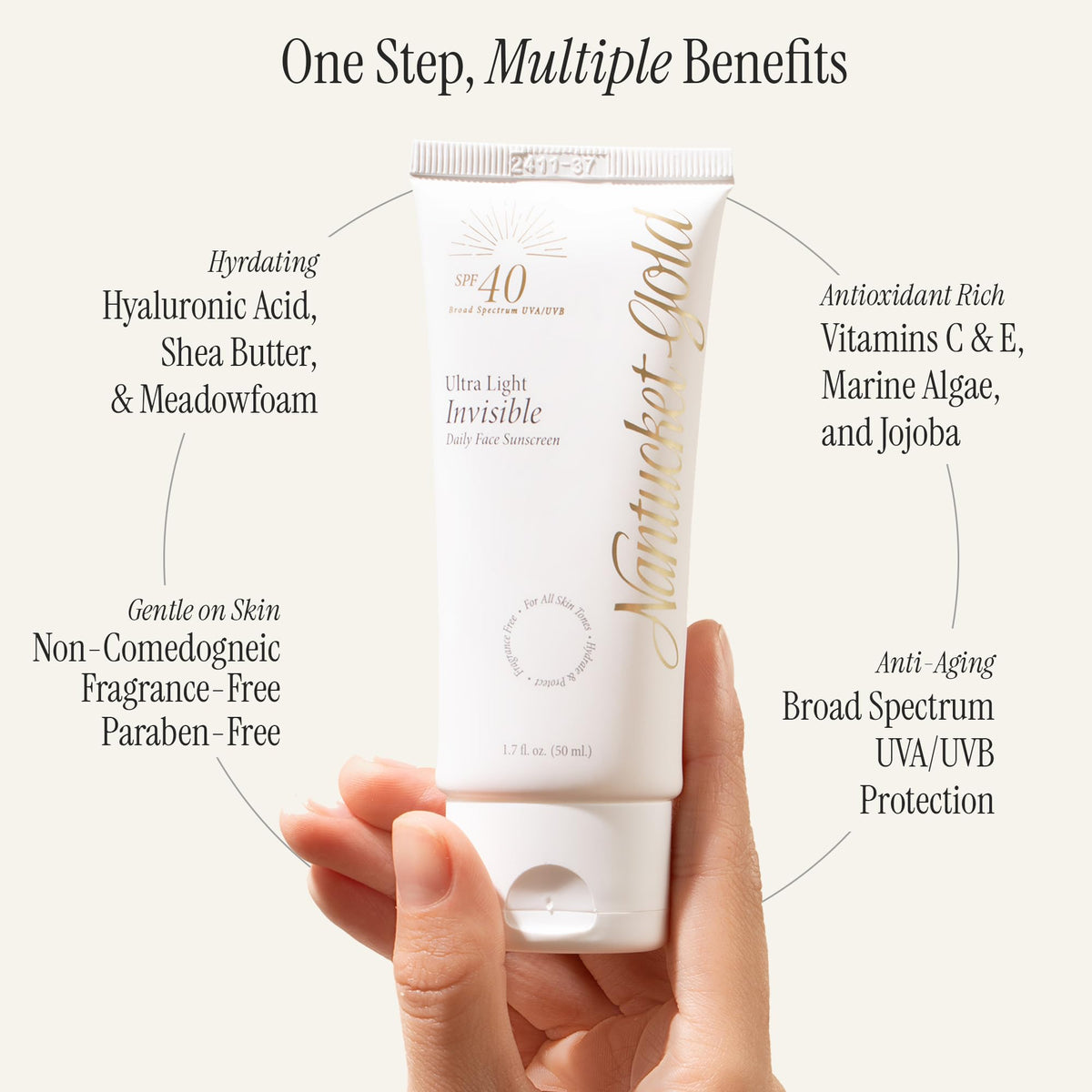 Nantucket Gold ingredient label close-up showing hyaluronic and vitamins