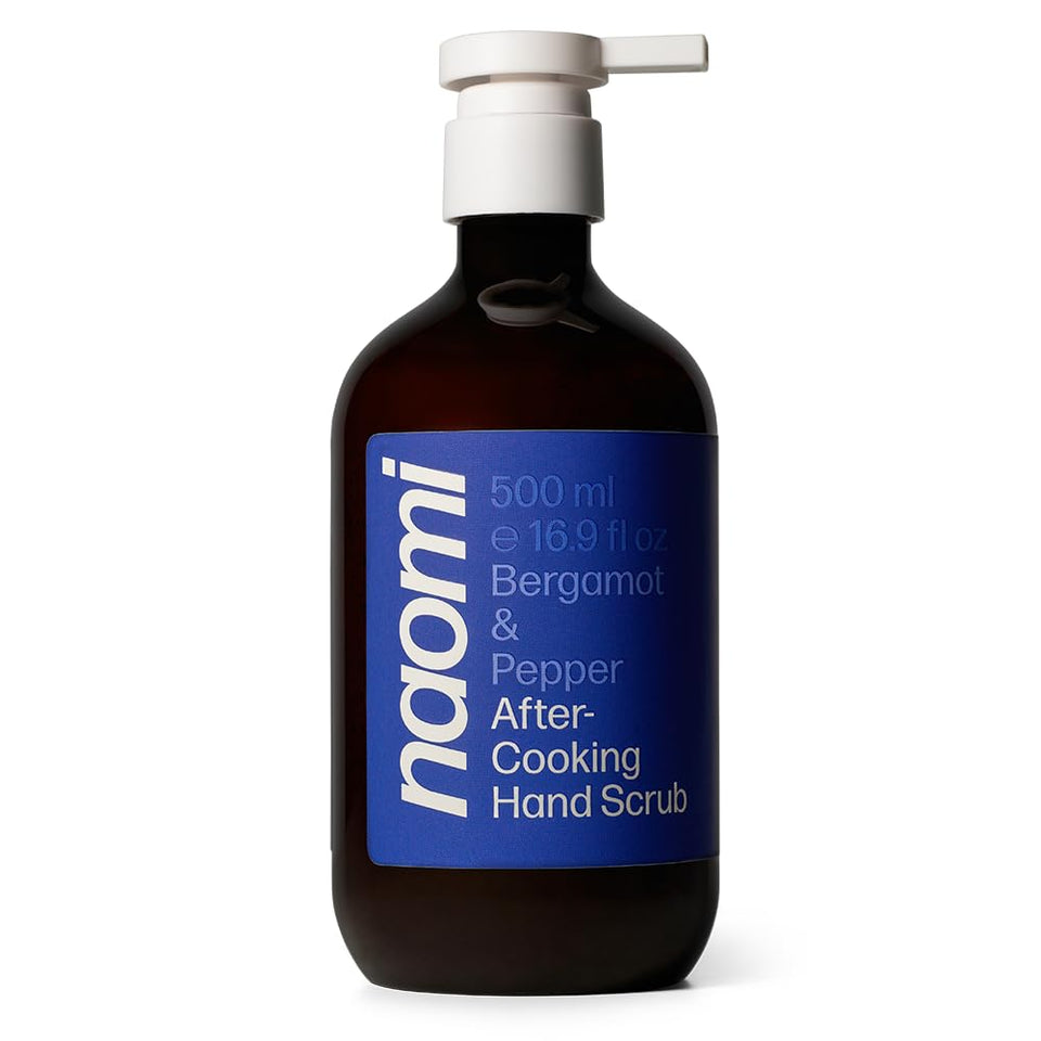 Naomi After-Cooking Hand Scrub front bottle showing label and scent benefit