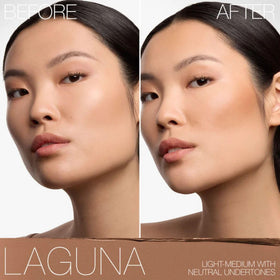 NARS Laguna size comparison next to hand illustrating travel-friendly compactness