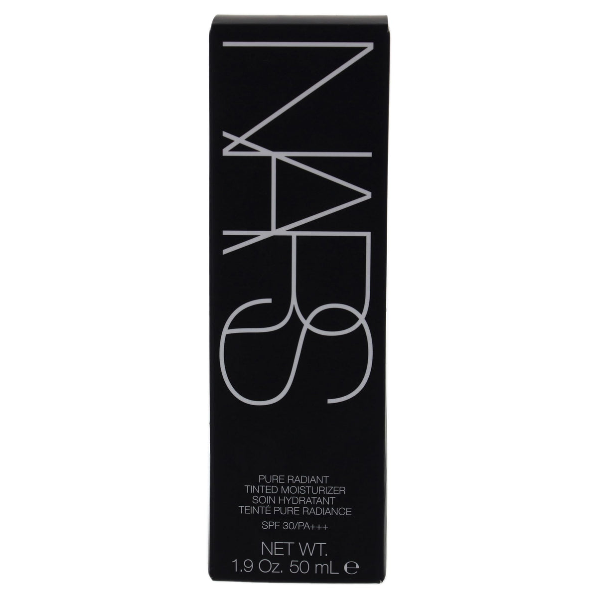 Detailed shot of NARS Pure Radiant Finland tube label highlighting SPF and shade