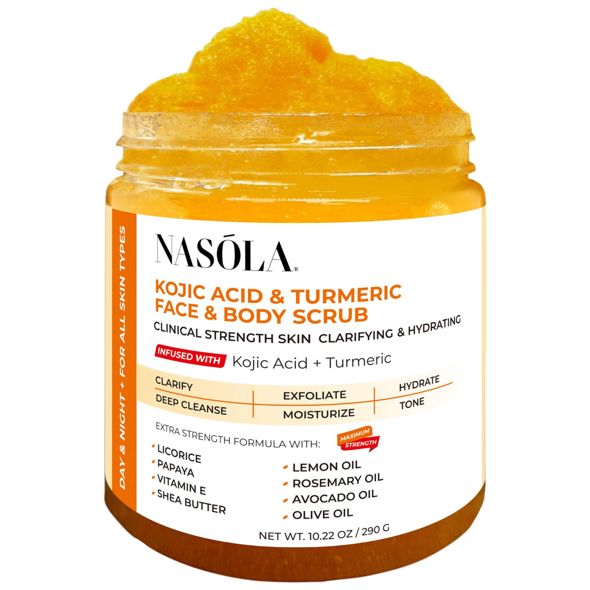 Nasola front jar of scrub showing branding and moisturizing benefits