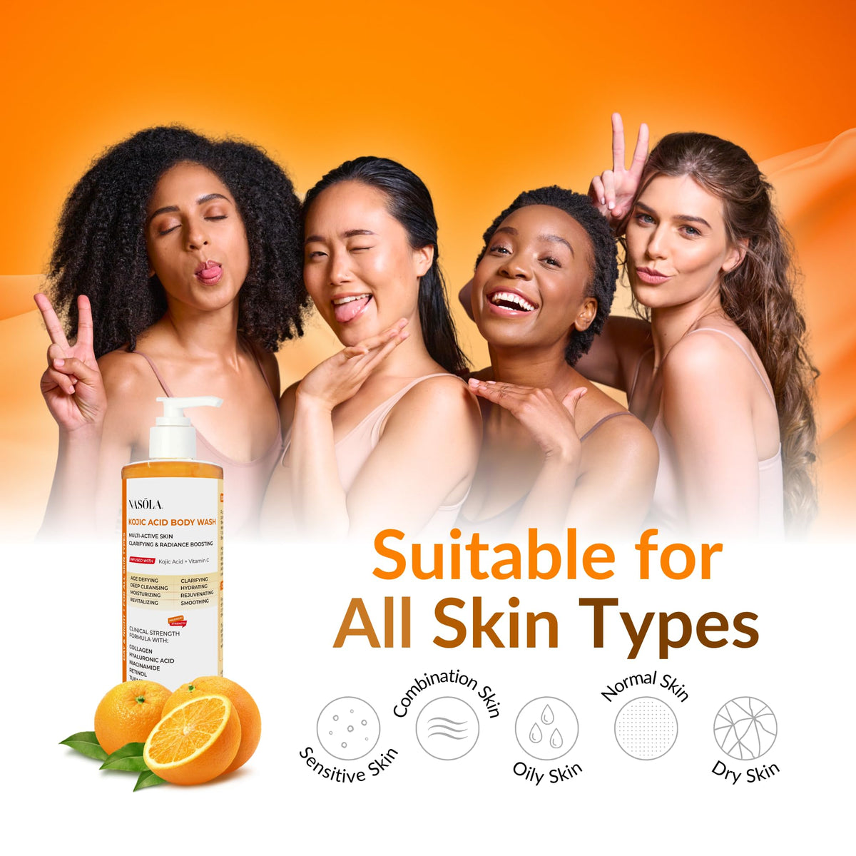 Nasola in-shower lifestyle scene showing brightening body care routine