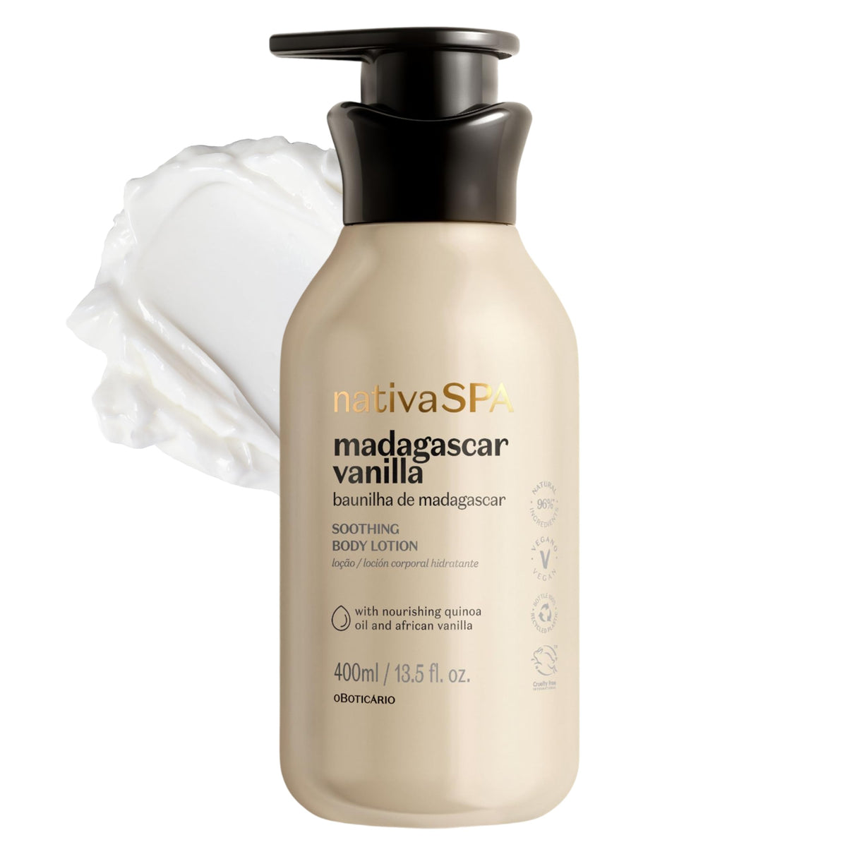 NATIVA SPA bottle front view showing Madagascar vanilla and pump, luxurious hydration