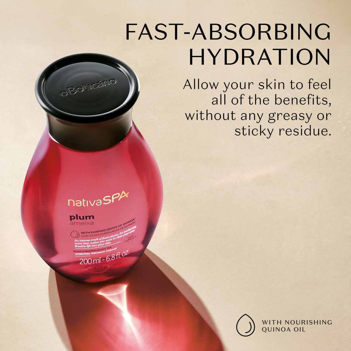 Nativa SPA oil pouring texture closeup showing fast absorption benefit