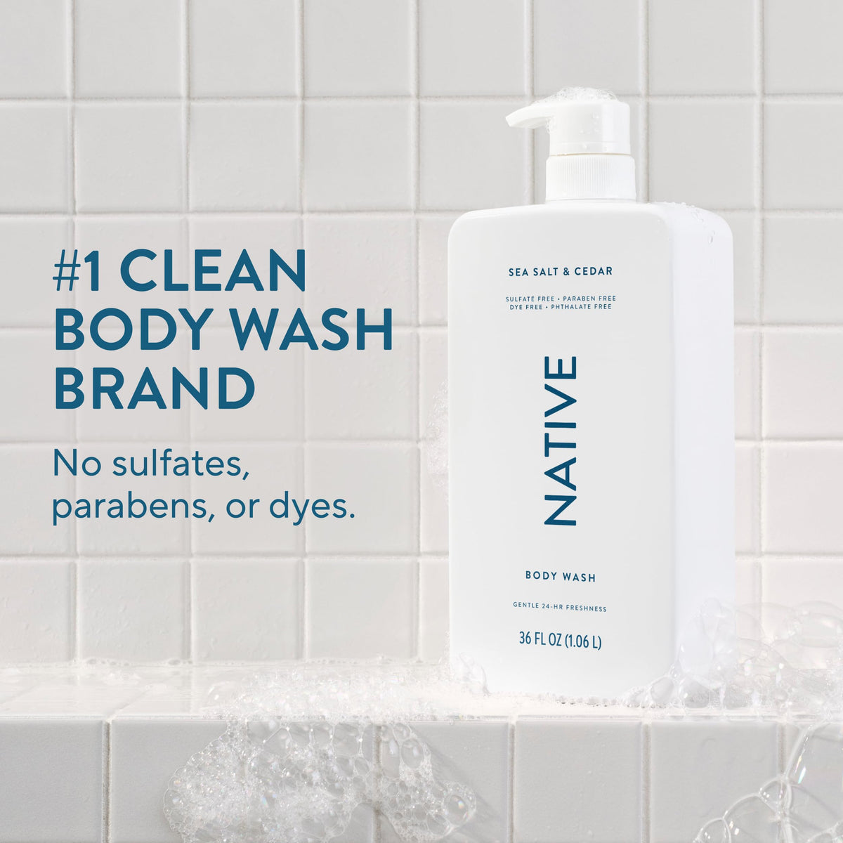 Native 36 oz bottle side label highlighting clean ingredients and value