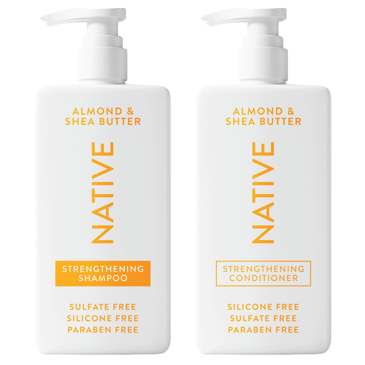 Native front packaging showing almond and shea bottles, clear product identity and benefit