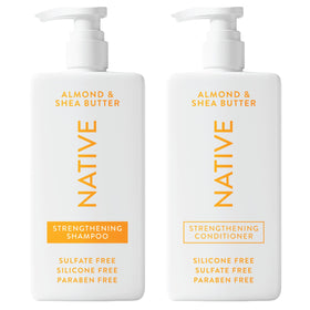 Native front packaging showing almond and shea bottles, clear product identity and benefit