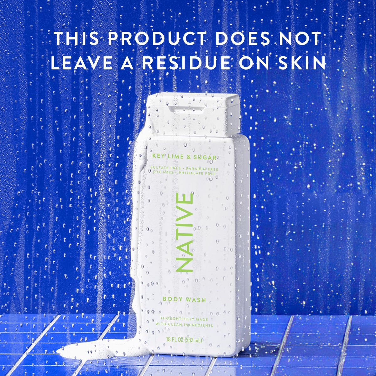 Native bottle on shower shelf showing everyday routine and refreshing scent benefit
