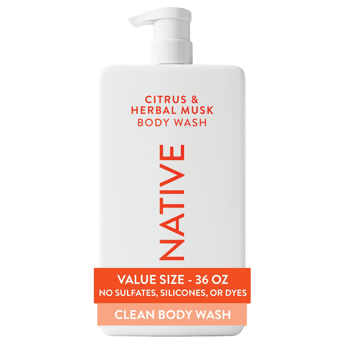 Native front packaging showing 36 oz pump and citrus herbal musk scent benefit