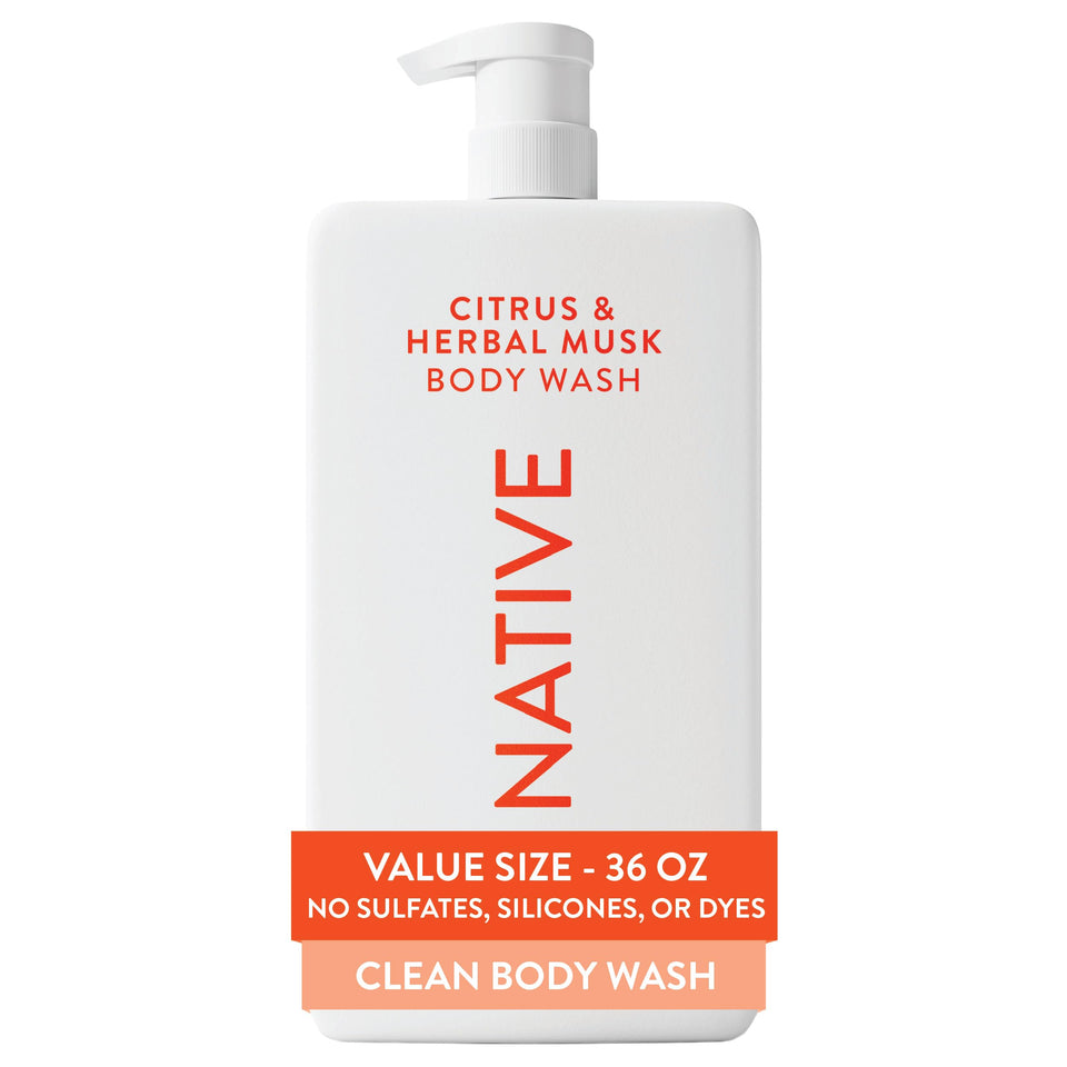 Native front packaging showing 36 oz pump and citrus herbal musk scent benefit