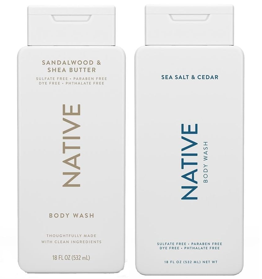 Native body wash front packaging showing both Sea Salt & Cedar and Sandalwood & Shea bottles, highlighting variety