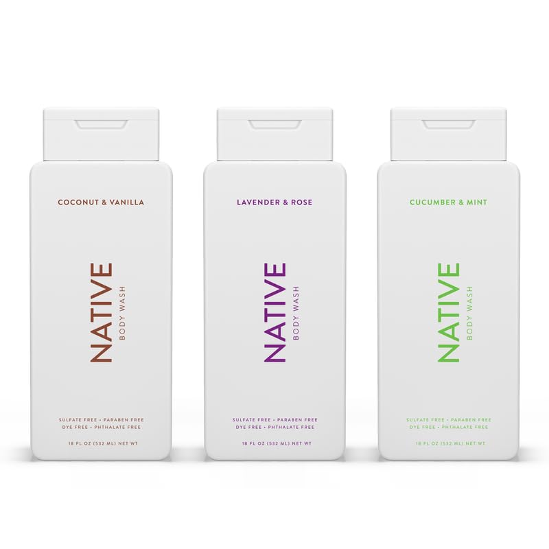 Native front packaging showing three 18 oz bottles and scent labels for easy selection