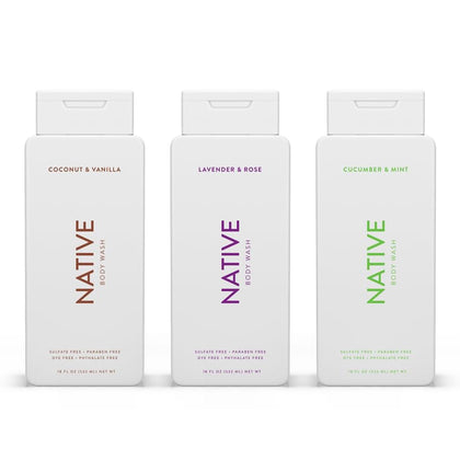 Native front packaging showing three 18 oz bottles and scent labels for easy selection