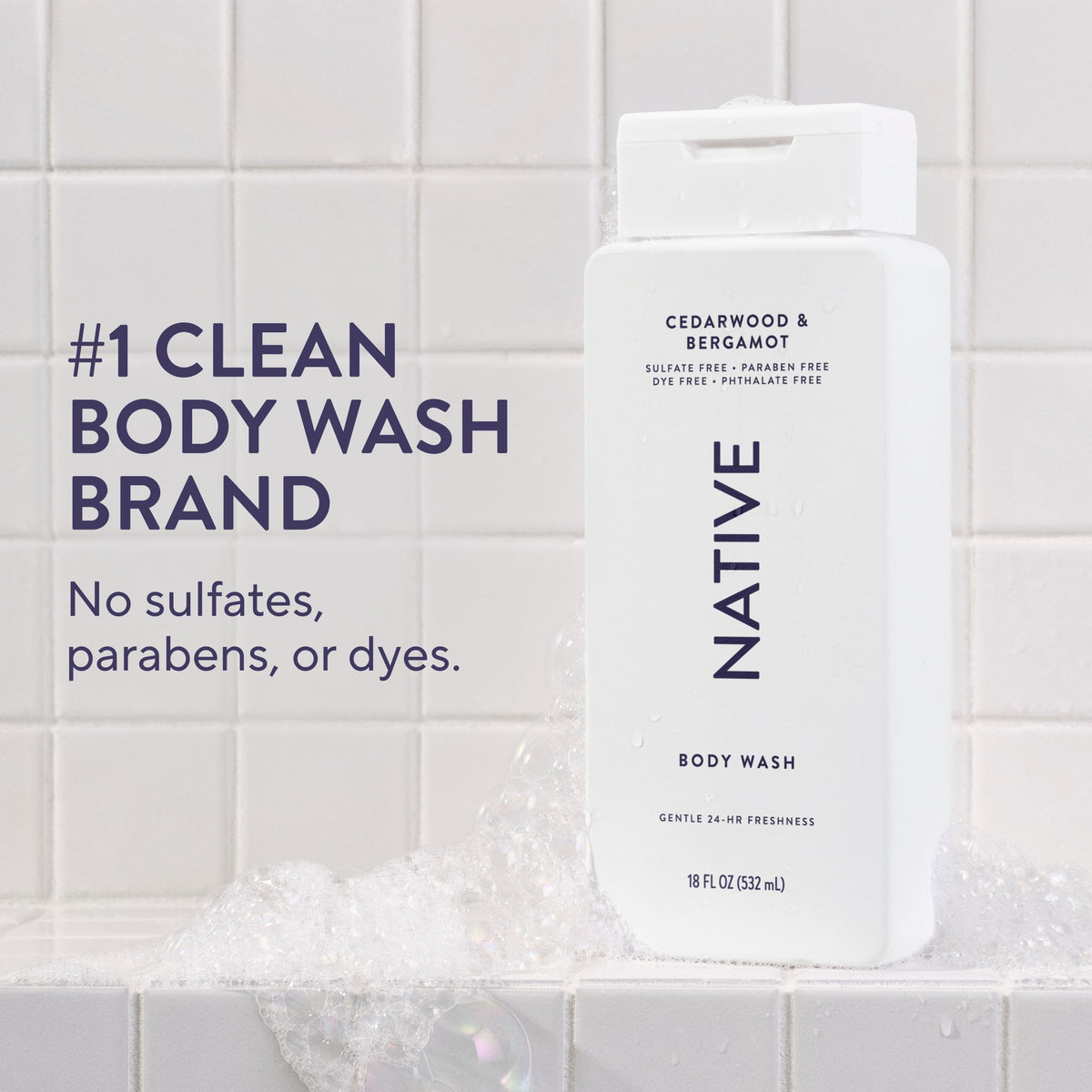 Native body wash pump and label detail highlighting clean formula benefits
