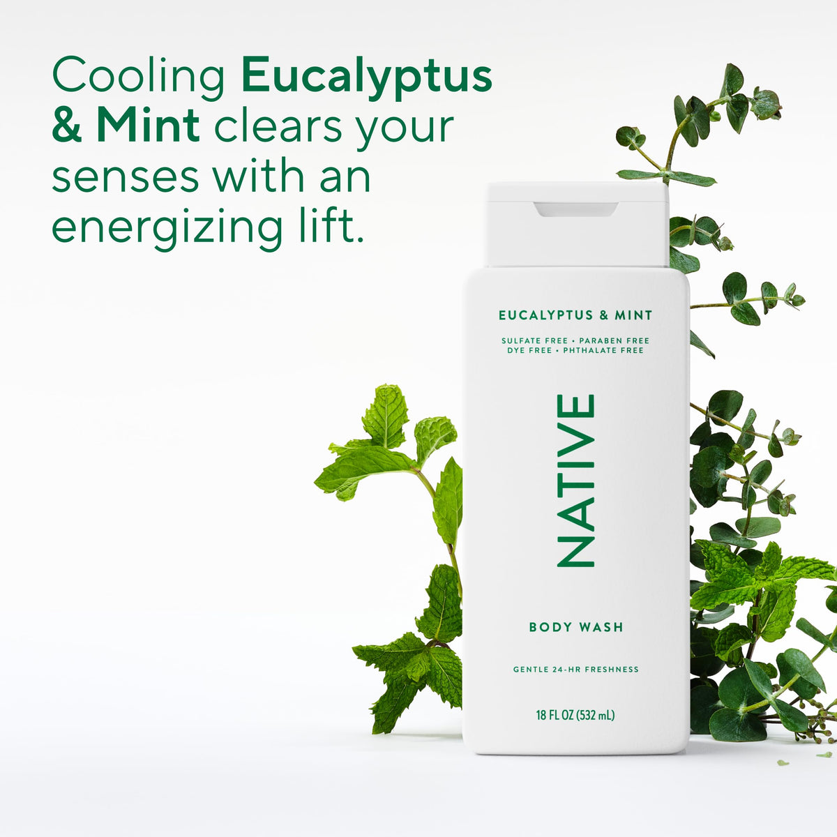 Native body wash on shower shelf with towel, suggesting refreshing daily routine