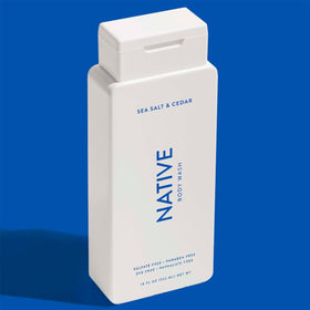 Native bottle on shower shelf illustrating in-shower use and accessibility