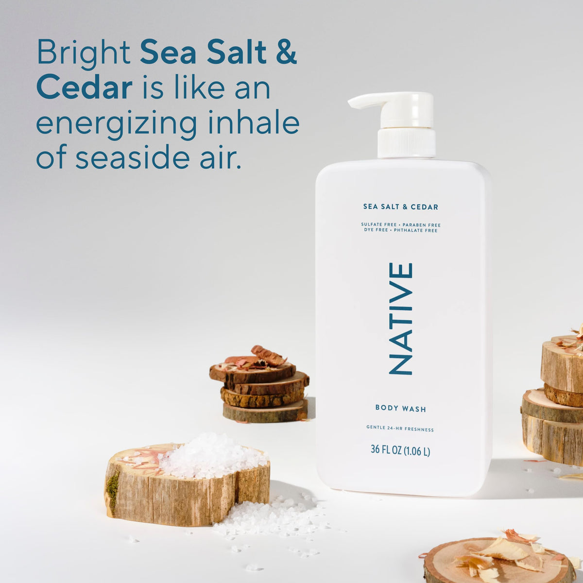 Native bottle beside shower accessories showing family-ready convenience