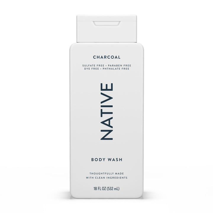 Native charcoal front bottle showing label and 18 oz size for clear product identification