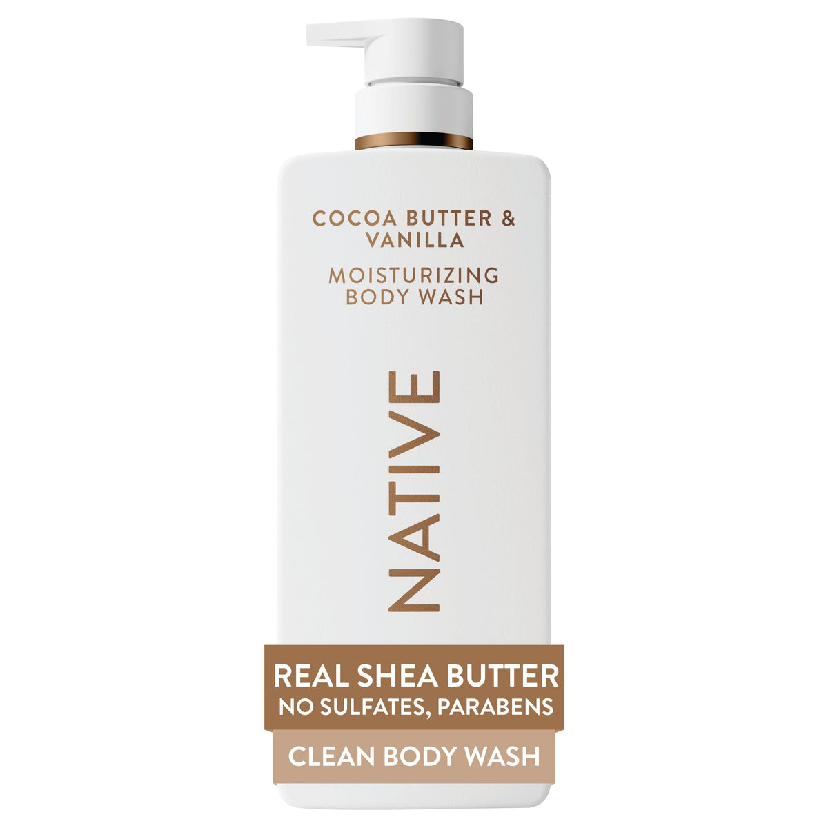 Native front bottle packaging showing cocoa butter vanilla scent and size benefit
