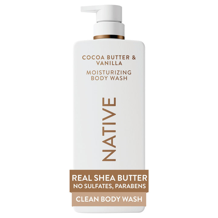 Native front bottle packaging showing cocoa butter vanilla scent and size benefit