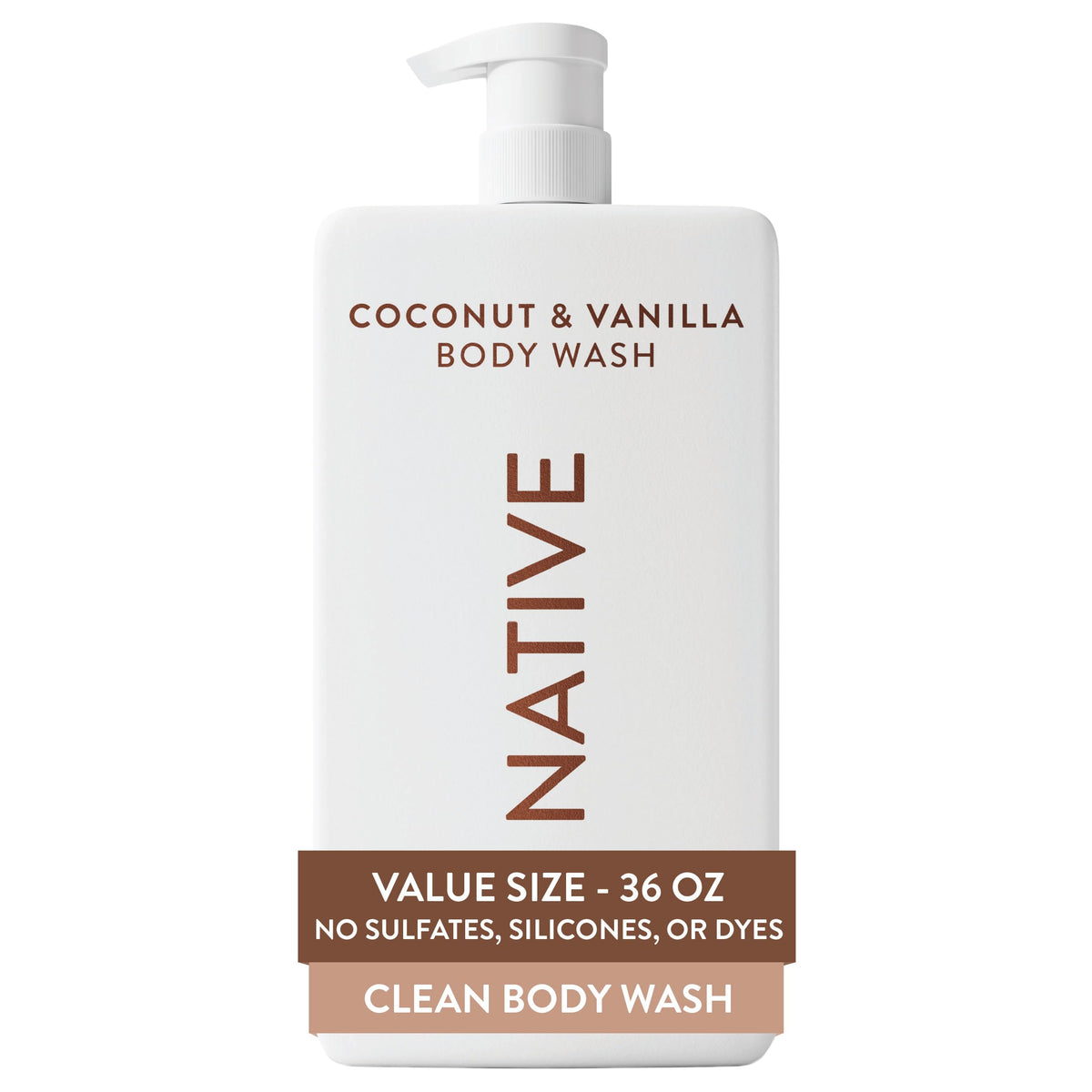 Native 36 oz coconut and vanilla front bottle shows full-label and pump benefit