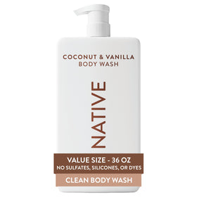 Native 36 oz coconut and vanilla front bottle shows full-label and pump benefit
