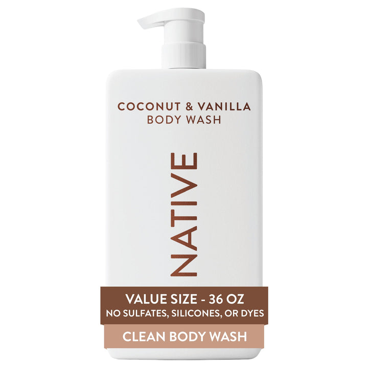 Native 36 oz coconut and vanilla front bottle shows full-label and pump benefit