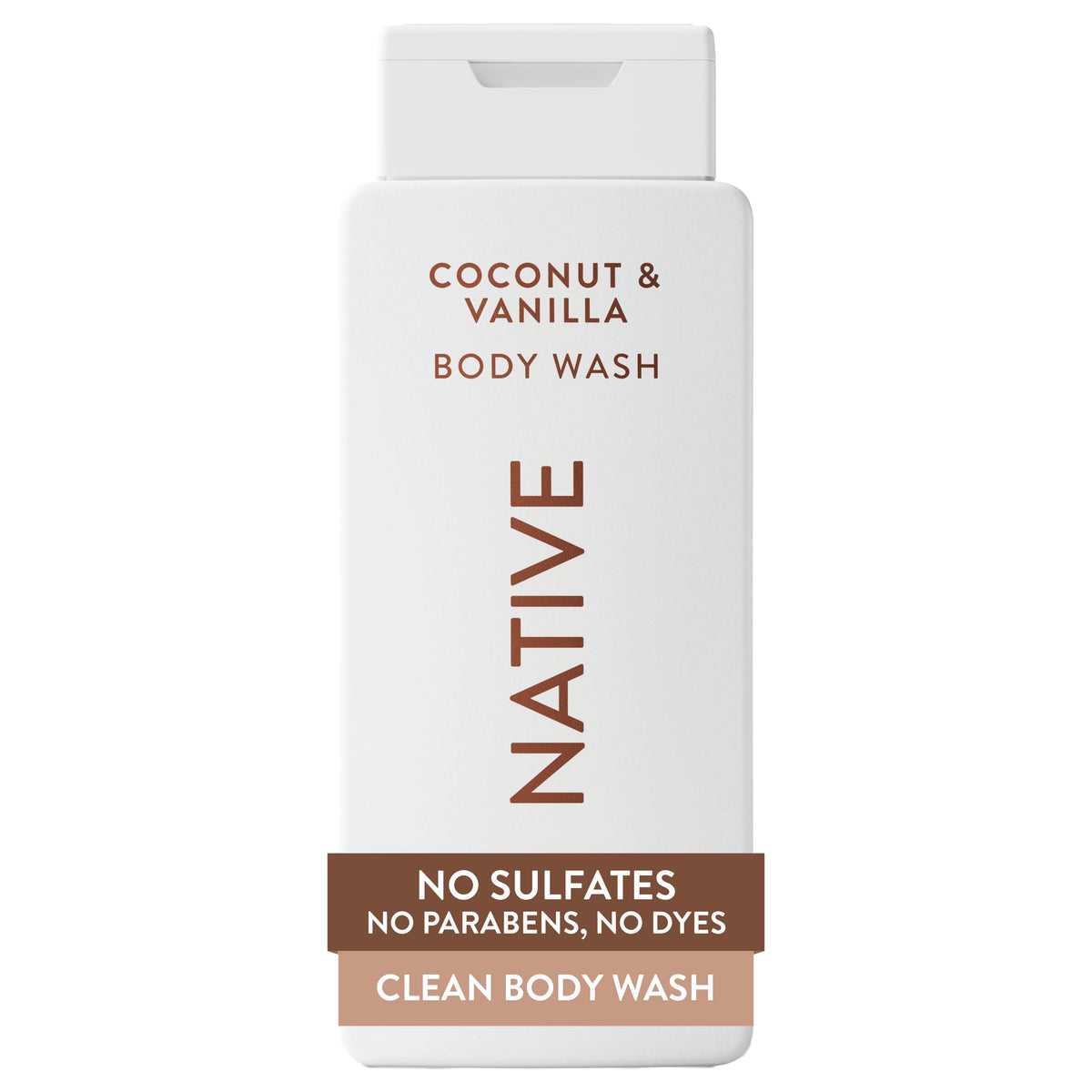 Native front bottle showing coconut and vanilla scent, clear benefit: clean, simple formula