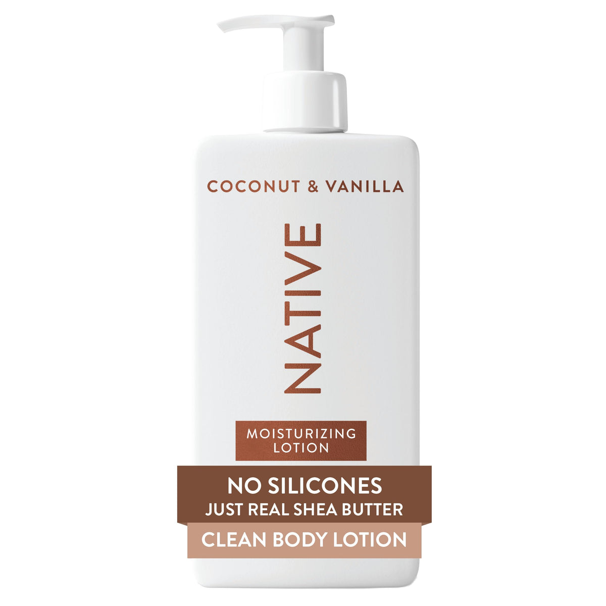 Native coconut & vanilla front pump bottle showing product and easy dispensing benefit