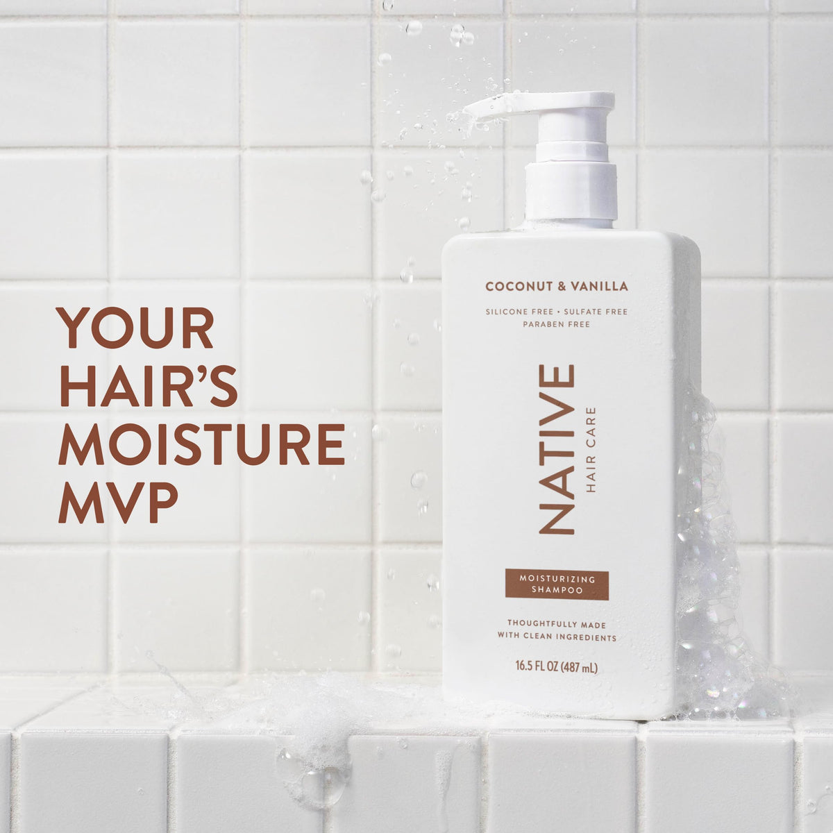 native shampoo pump close-up with clear label and easy dispensing benefit