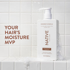 native shampoo pump close-up with clear label and easy dispensing benefit
