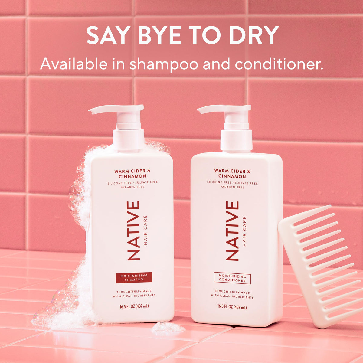 Cozy bathroom lifestyle scene with Native conditioner conveying self‑care and scent experience benefit
