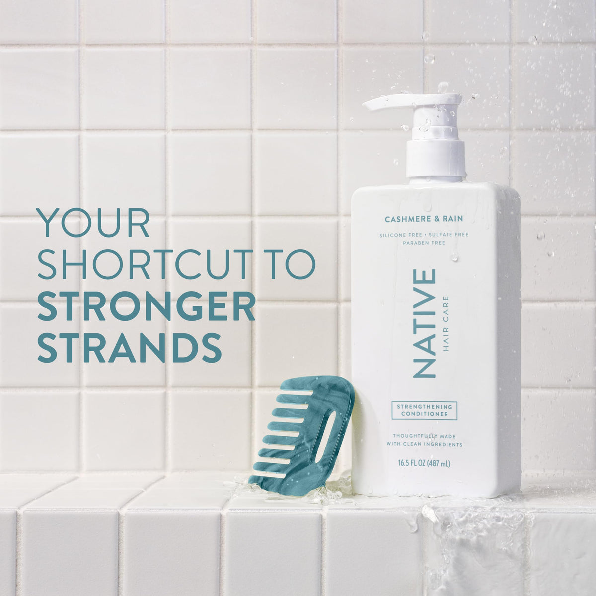 Native conditioner pump and label close-up highlighting clean-ingredient benefit