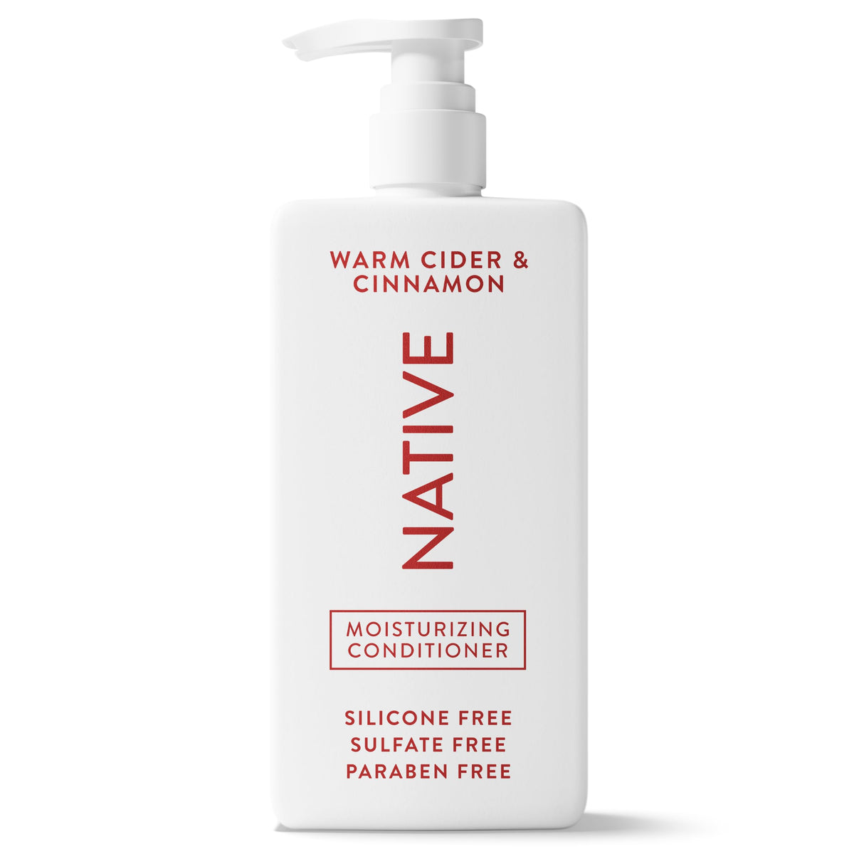 Native conditioner front bottle shows warm cider cinnamon scent and clean formula benefit