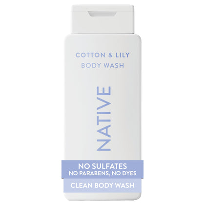 Native front packaging showing 18 oz bottle and Cotton & Lily scent benefits