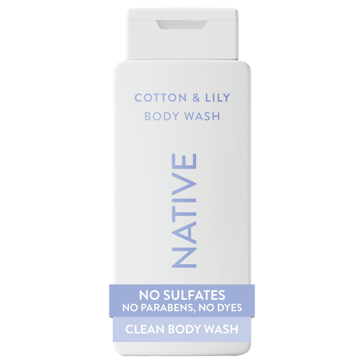 Native front packaging showing 18 oz bottle and Cotton & Lily scent benefits