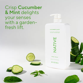 Native bottle on shower shelf in bathroom scene showing everyday use