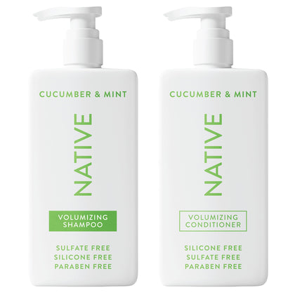 Native front packaging of cucumber and mint shampoo and conditioner showing bottle design and benefit
