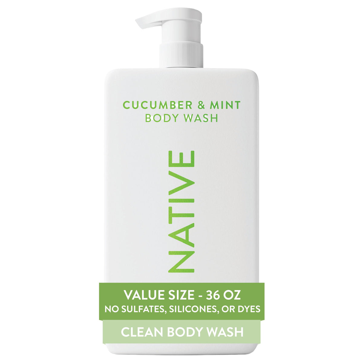 Native front pump bottle showing 36 oz size and easy dispensing benefit
