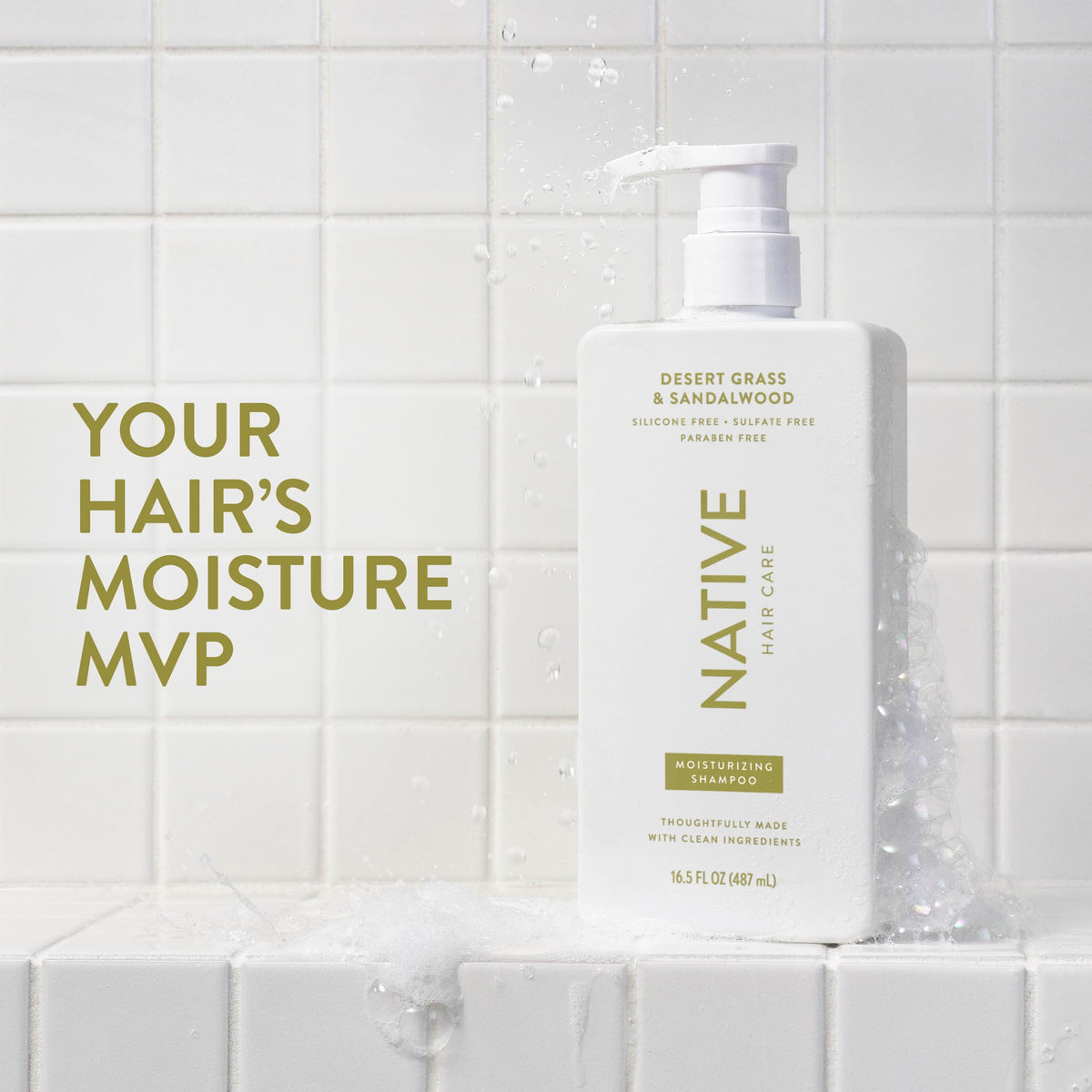 Native label close-up highlighting Desert Grass & Sandalwood scent and benefits