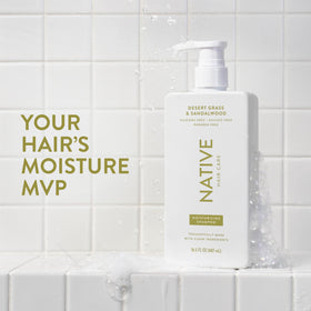 Native label close-up highlighting Desert Grass & Sandalwood scent and benefits