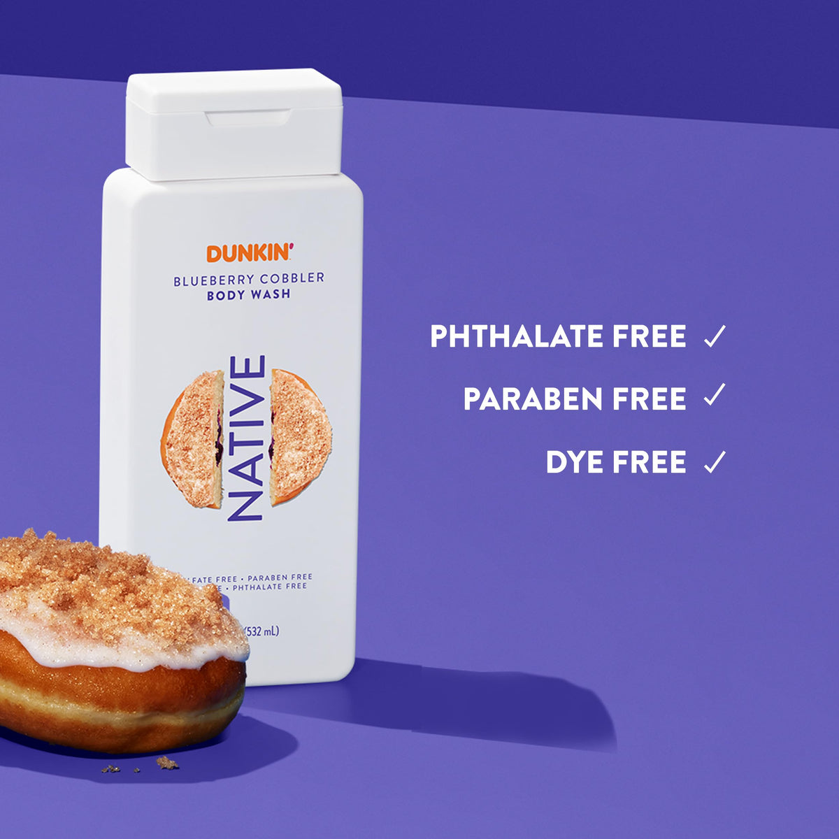 Native Dunkin Blueberry Cobbler ingredient label highlighting naturally derived formulation
